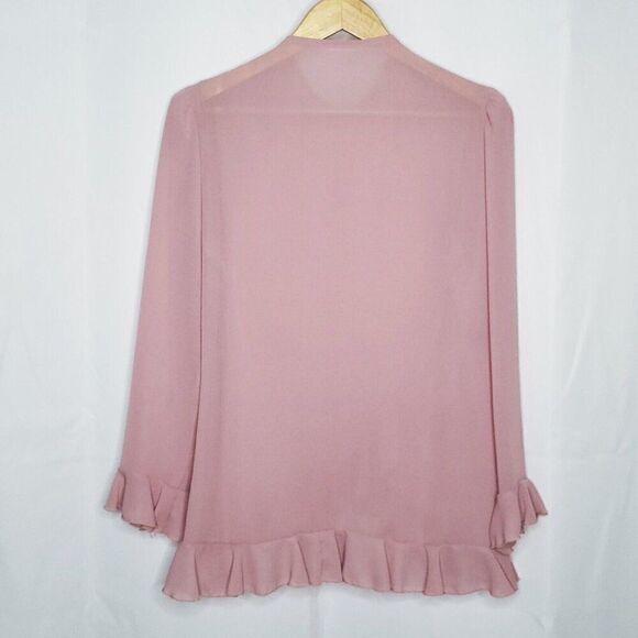 Vintage 80s Polyester Ruffle Wrap Blouse Sz 14 Mauve Pink Secretary Long Sleeve - Picture 3 of 4